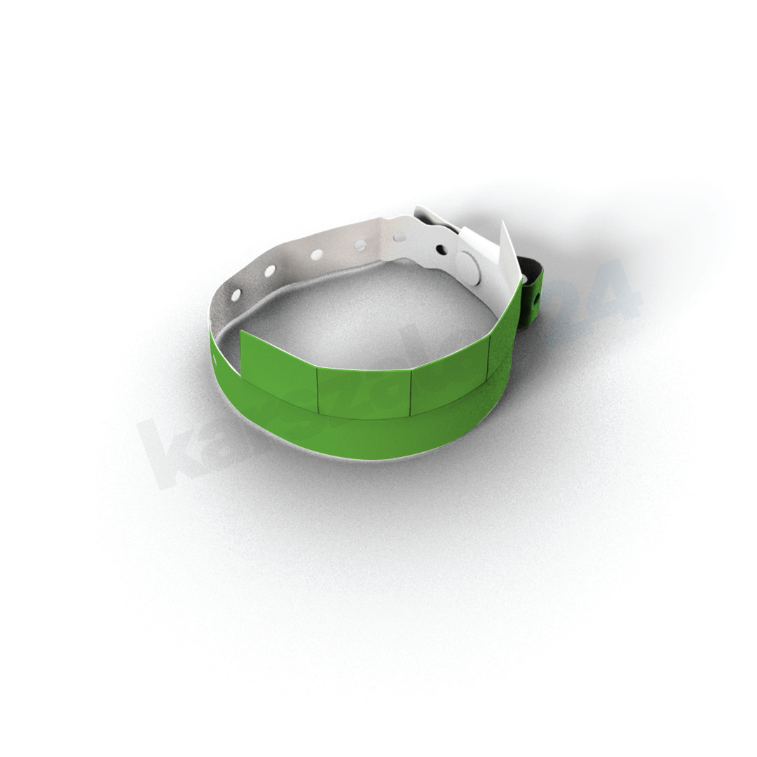 muanyag_karszalag_5-stub_02_gyartas_neon_zold 5 ellenörzőszelvényes műanyag karszalag neon zöld